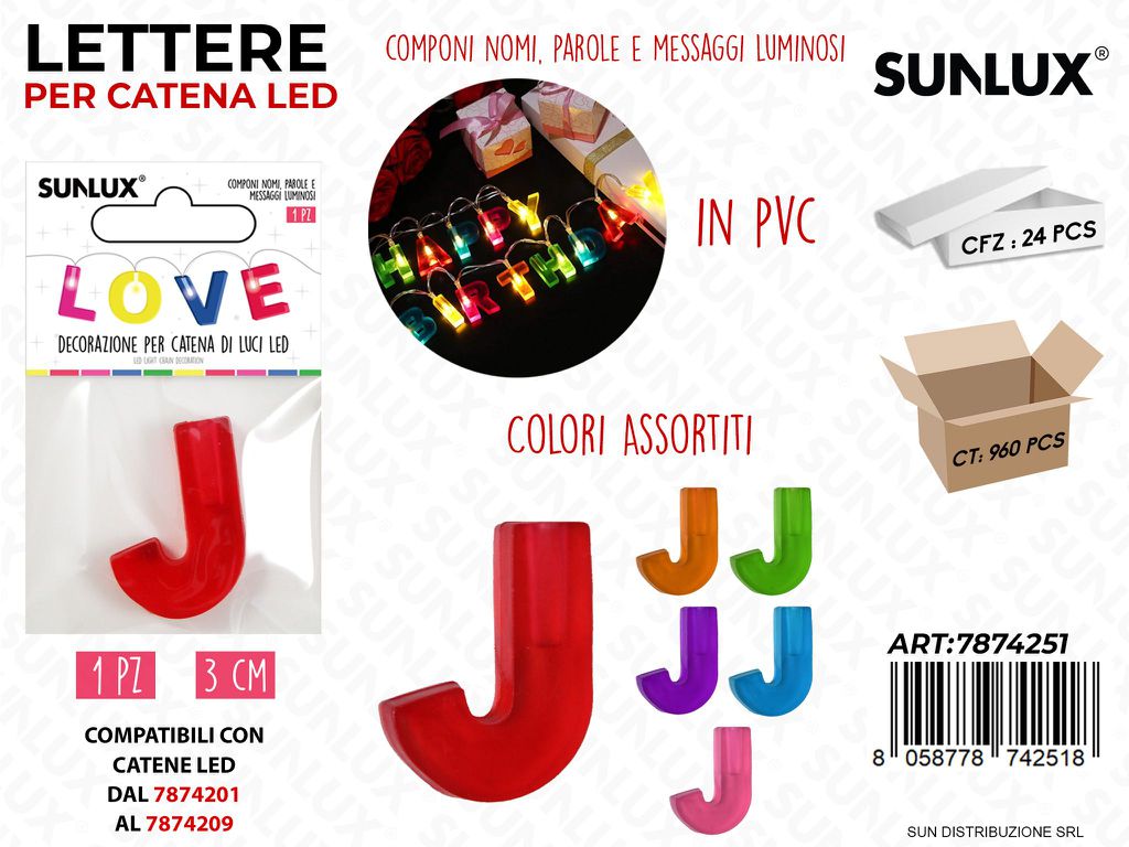 Lettera J per Catena di Luci Led Col. Ass. 3CM