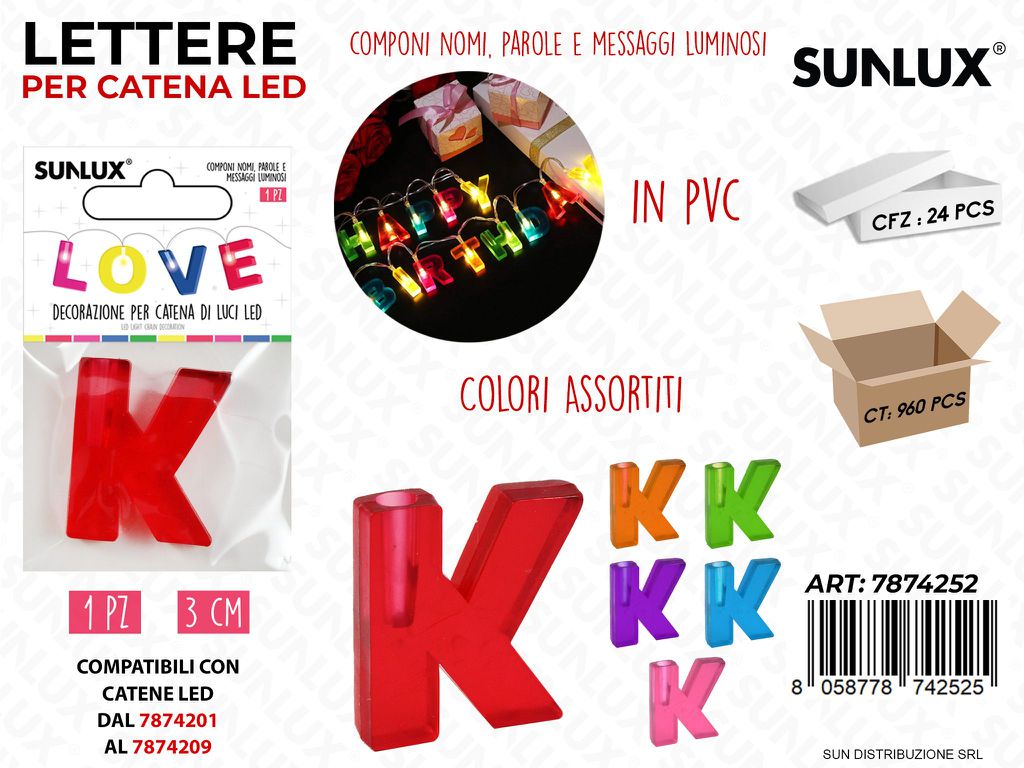Lettera K per Catena di Luci Led Col. Ass. 3CM