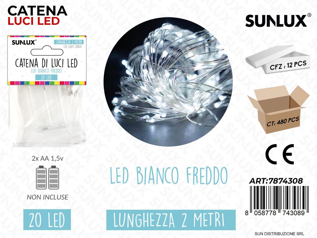 CATENA LUCI LED BIANCO FREDDO 20LED 2MT /PZ DA 12**