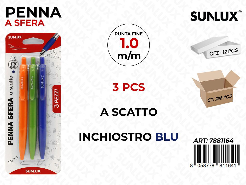 Penna a Scatto Blu Ass. 3 Pcs 1.0MM