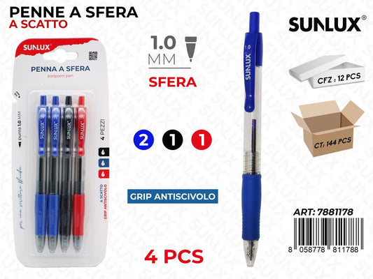Penna Sfera a Scatto Nero-blu-rosso 4PC