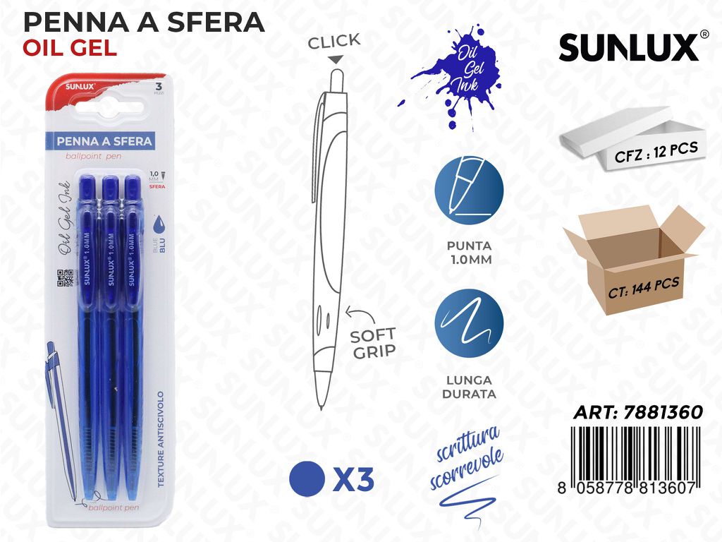 Bl. Penne a Sfera Oil Gel Blu 3PCS