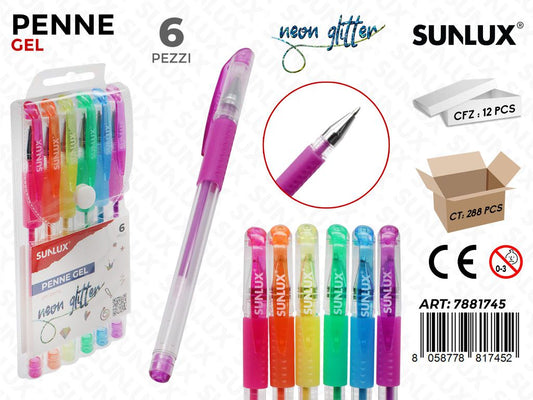 Sunlux Penne Gel Neon Glitter 6PCS
