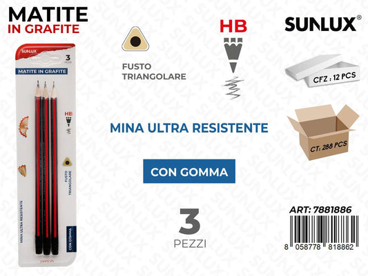 Matite in Grafite Hb Triangolare c/ Gomma 3PCS