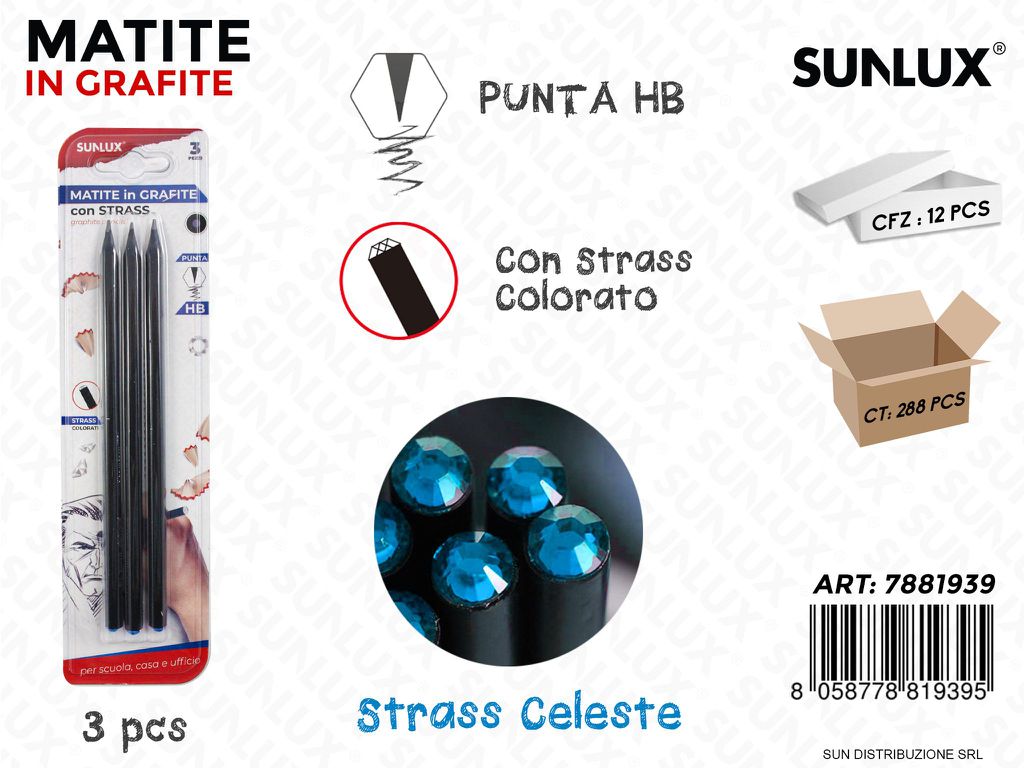 Matite in Grafite Hb c/ Strass Celeste 3PCS