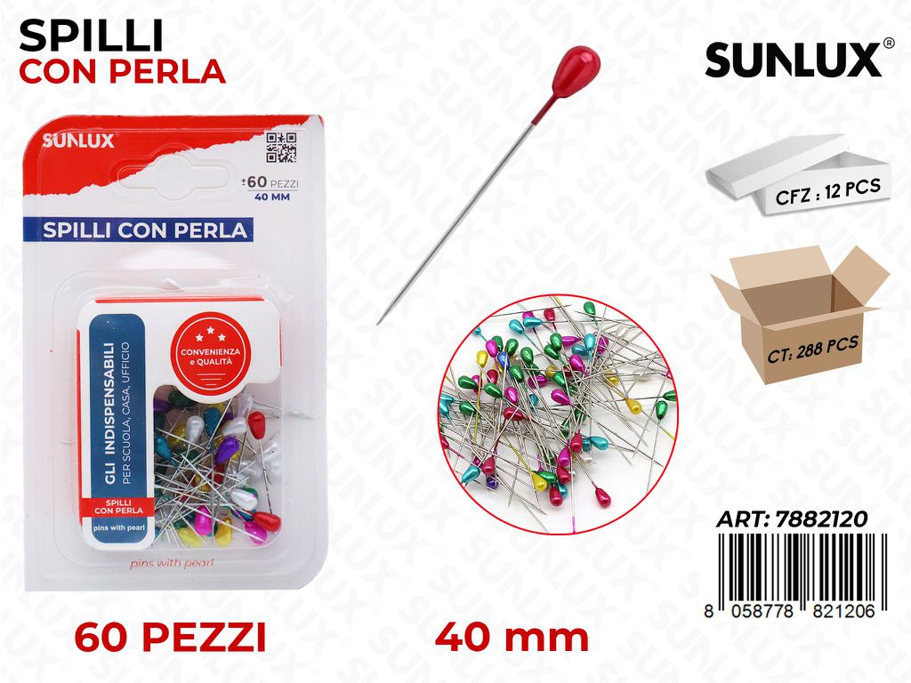 Sunlux Spilli c/Perla 60PCS 40MM Ass.