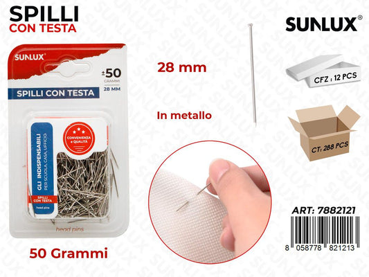 Bl. Spilli con Testa in Metallo 50GR 28MM/ Pz da 12