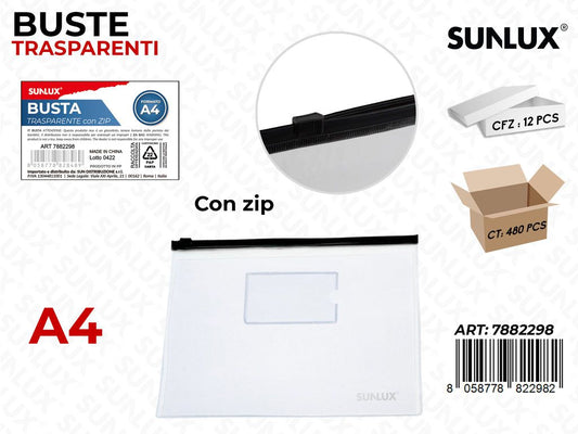 Buste Trasp. c/ Zip F.to A4