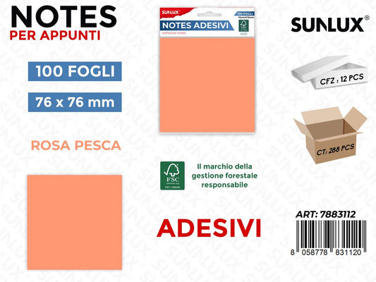Notes Adesivi Rosa Pesca 100FF 76*76MM