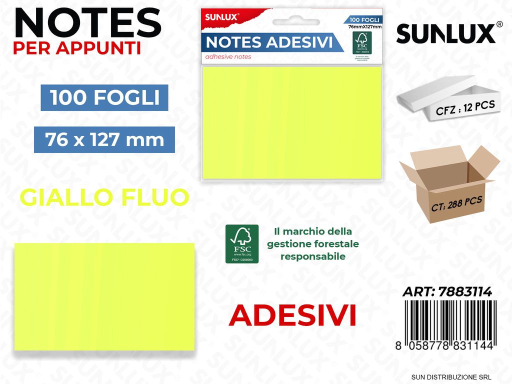 Notes Adesivi Giallo Fluo 100FF 76*127MM