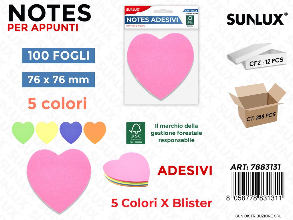 Notes Adesivi Cuori 5COL. X Bl. 100FF 76*76MM