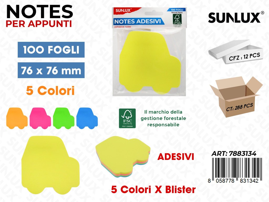 NOTES ADESIVI 5COL. X BL. 100FF 76*76MM /PZ DA 12**