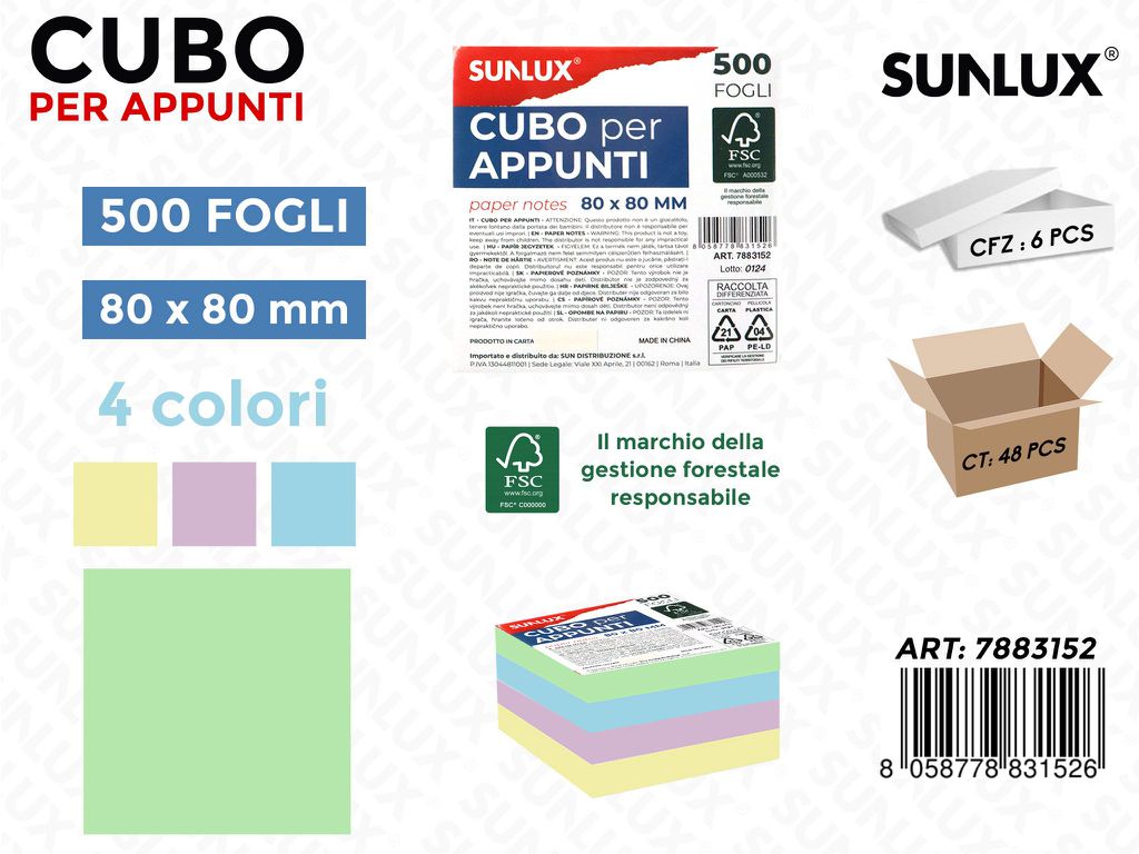 Cubo per Appunti 4COL. X Bl. 500FF 80*80MM