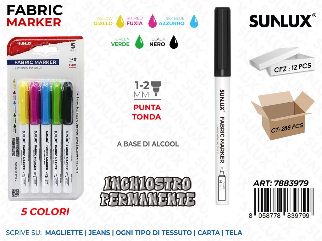 Sunlux Fabric Marker per Tessuti 5COL. Ass. 1-2MM