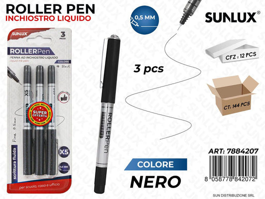 Bl. Roller Pen Inch. Liquido Nero 0.5MM 3PCS
