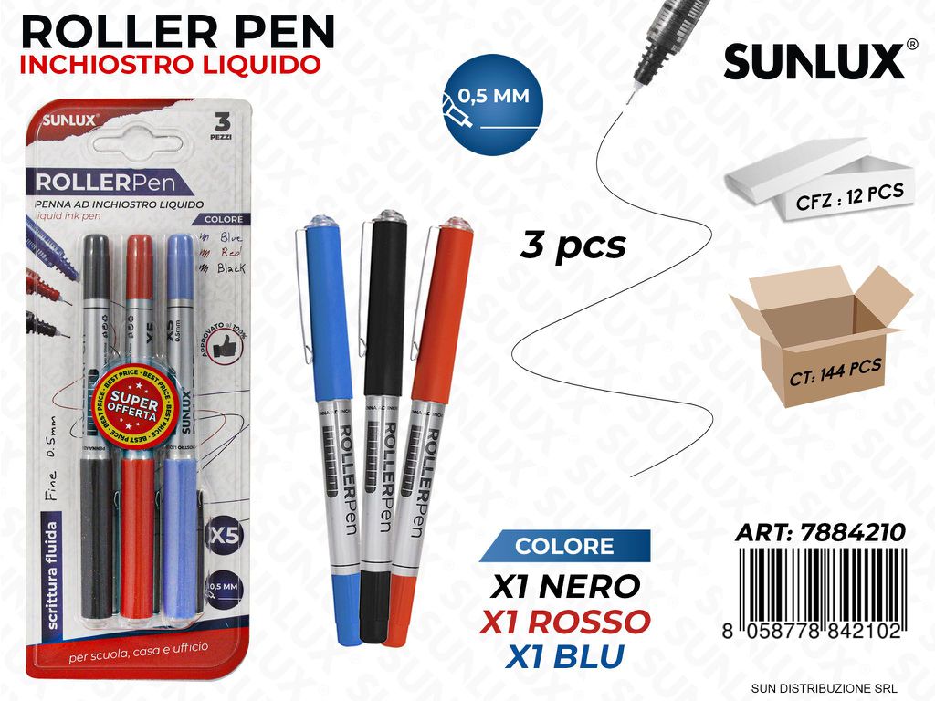 Bl. Roller Pen Inch. Liquido 3COL. 0.5MM 3PCS