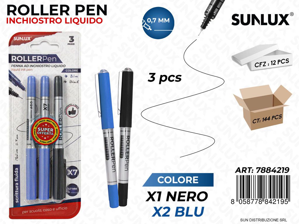 BL. ROLLER PEN INCH. LIQUIDO 2COL. 0.7MM 3PCS /PZ DA 12**