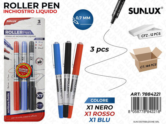 Bl. Roller Pen Inch. Liquido 3COL. 0.7MM 3PCS