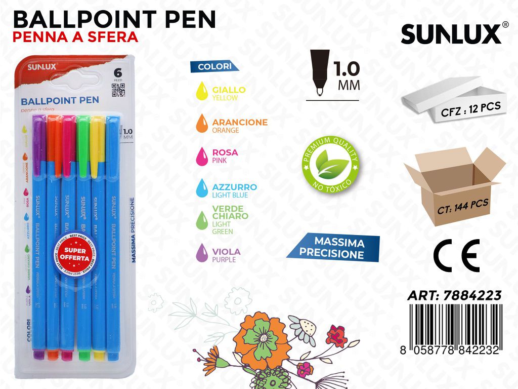 Bl. Ballpoint Pen a Sfera 6PCS Ass. 1.0MM