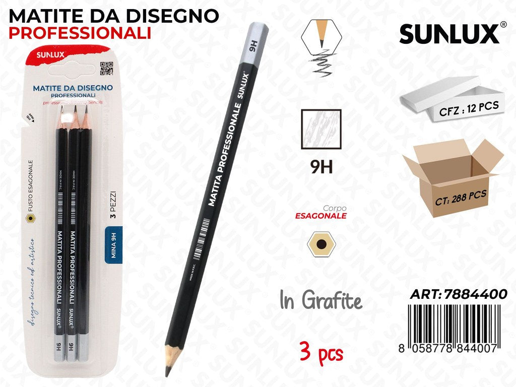 Sunlux Bl. Matite da Disegno Prof. 9H 3PCS