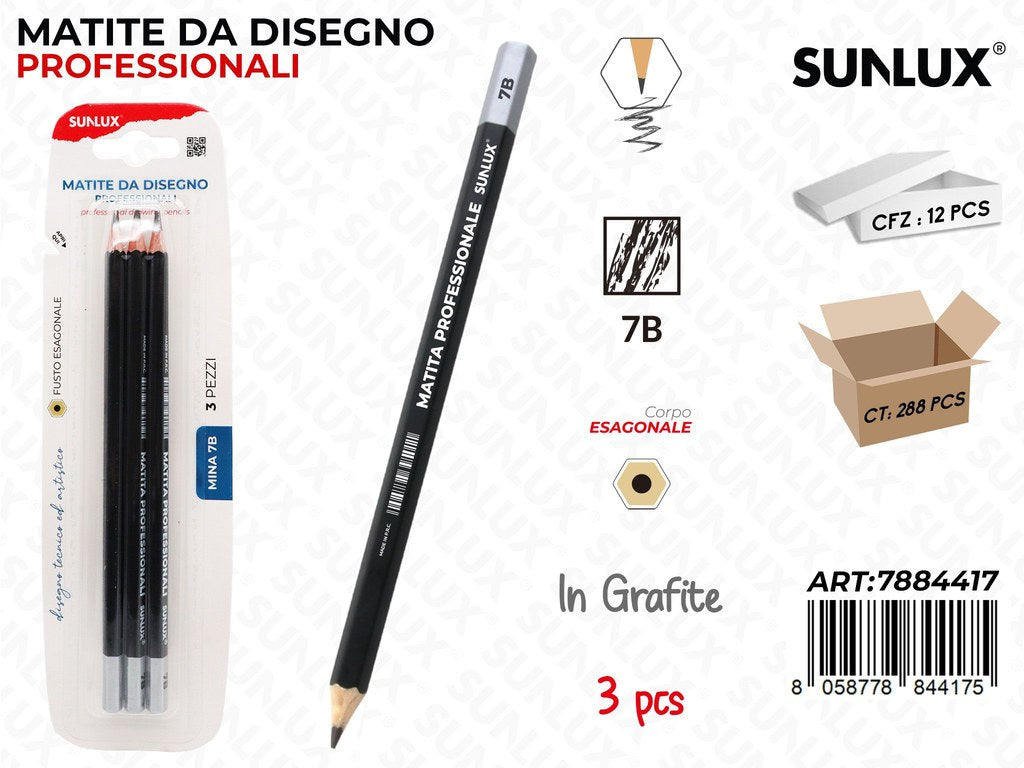 Sunlux Bl. Matite da Disegno Prof. 7B 3PCS