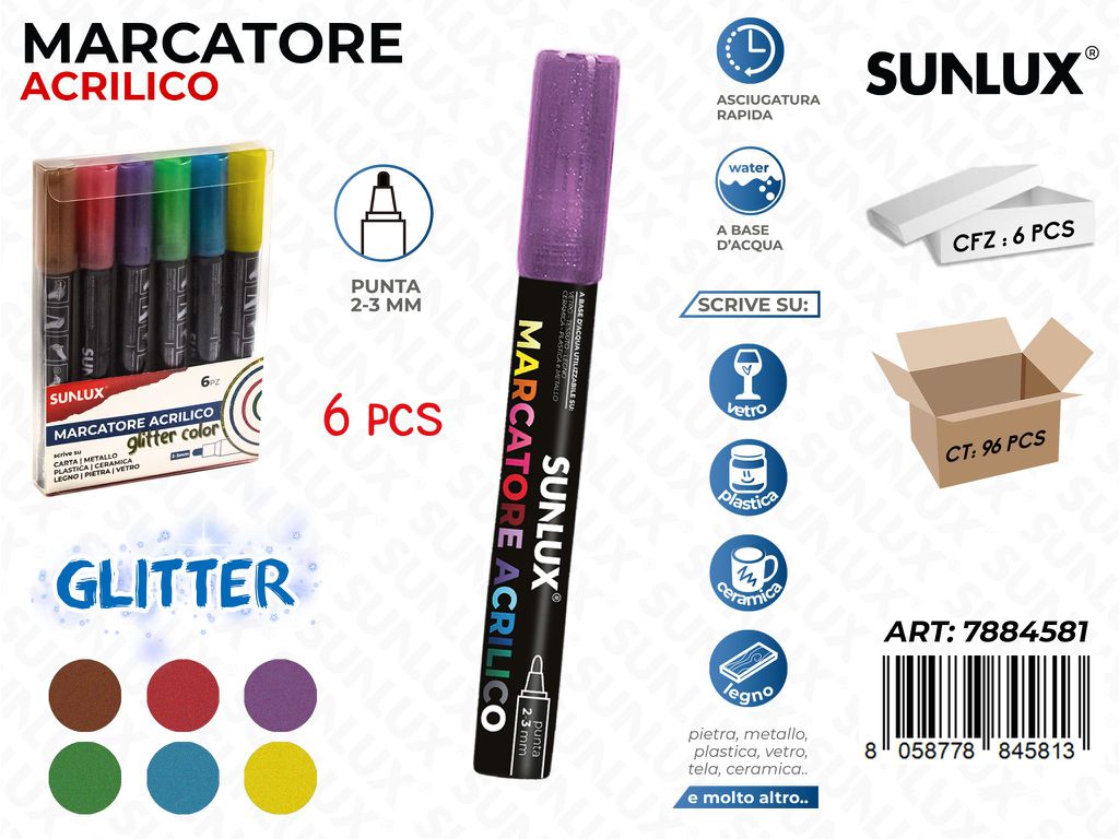 Marcatore Acrilico Col. Glitter 6PCS P. 2-3MM/ Pz da 6