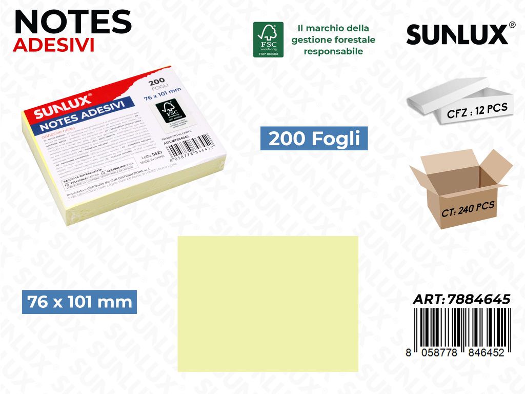 Sunlux Notes Adesivi Giallo 200FF 76*101MM