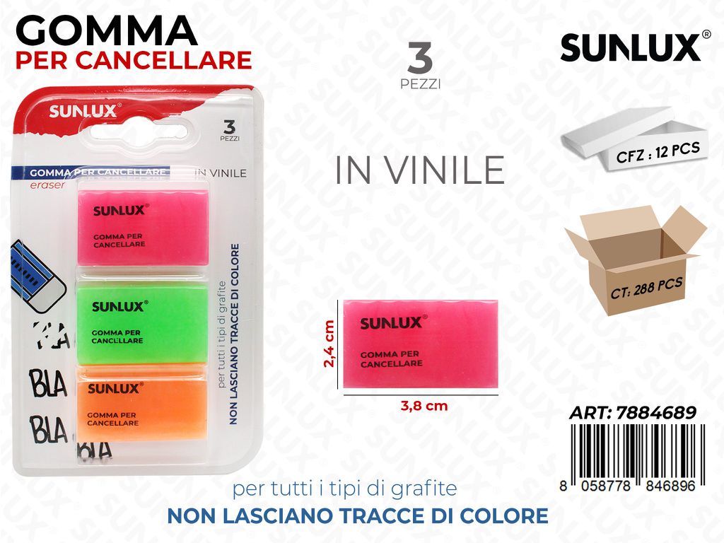 Sunlux Gomma per Cancellare 3PCS Ass. 3.8*2.4CM