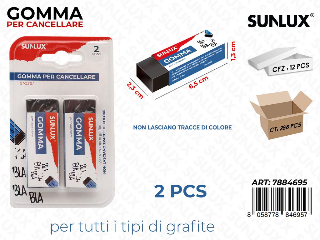 Sunlux Gomma per Cancellare Nero 2PCS 2.3*6.5CM