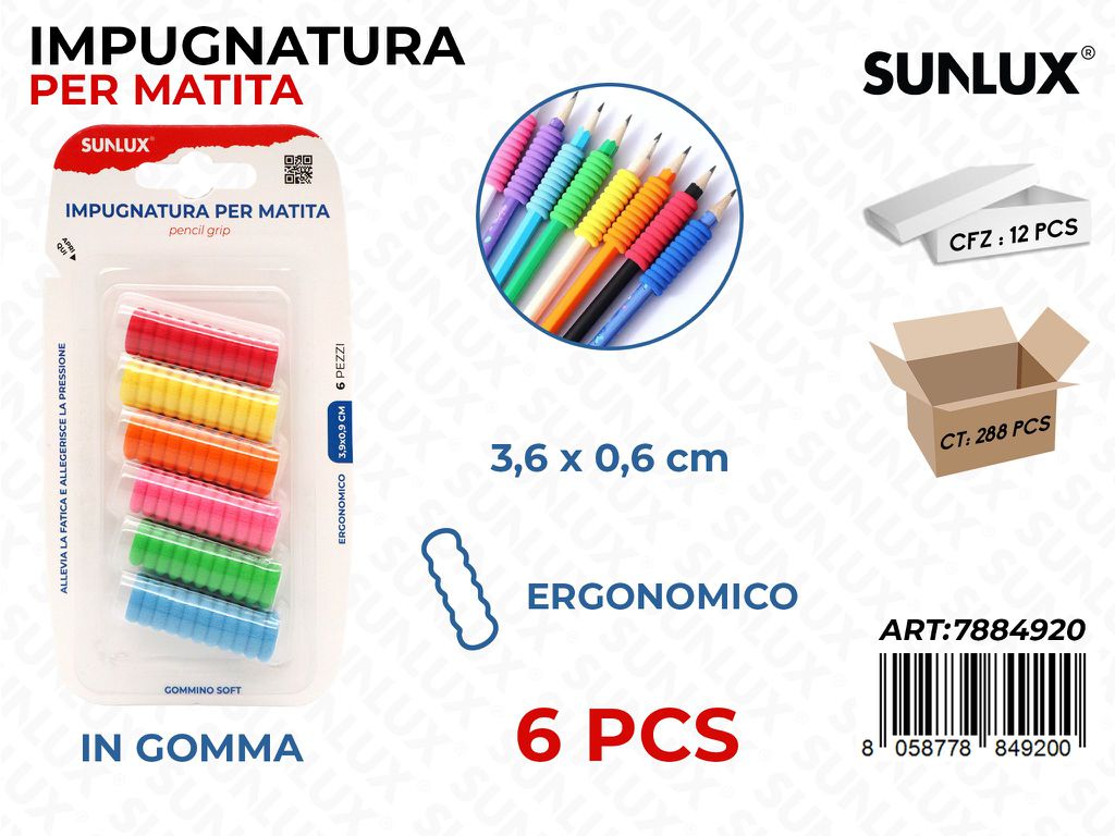 Sunlux Impugnatura Matita in Gomma 6PCS 3.6*0.6CM Ass.