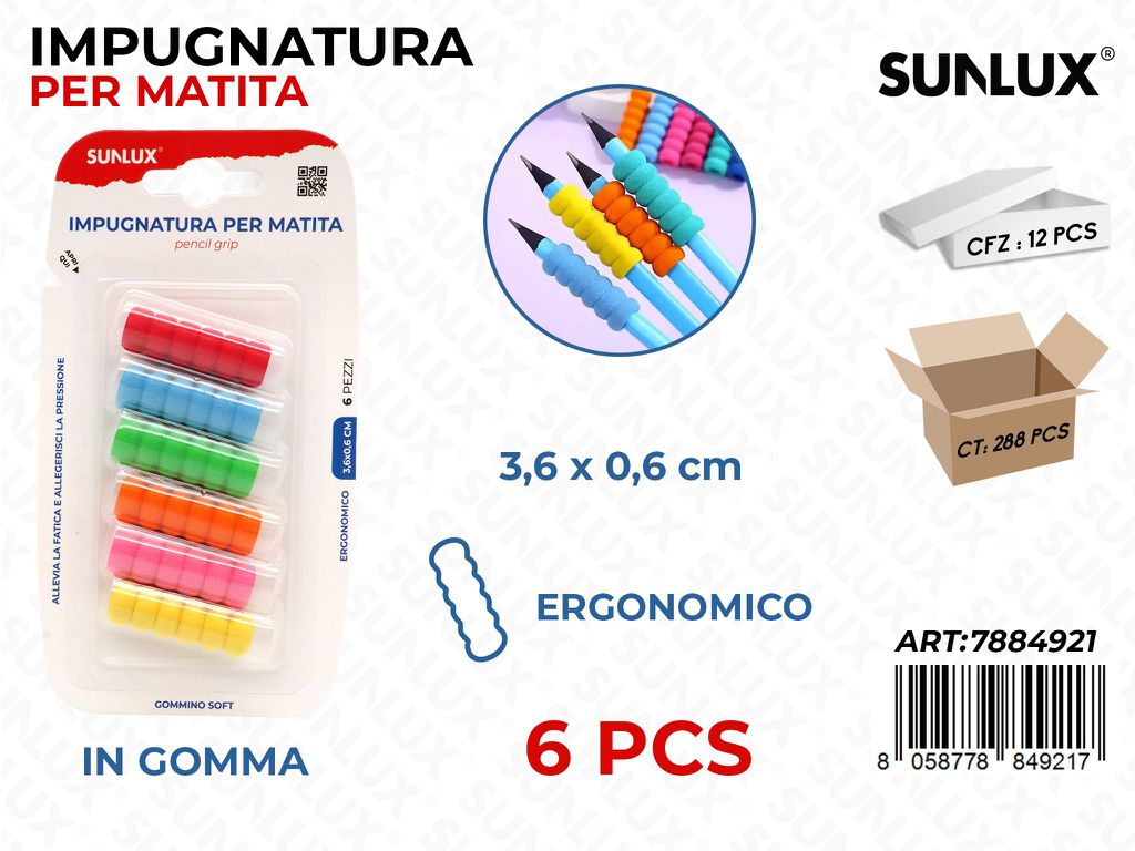 IMPUGNATURA MATITA IN GOMMA 6PCS 3.6*0.6CM ASS.
