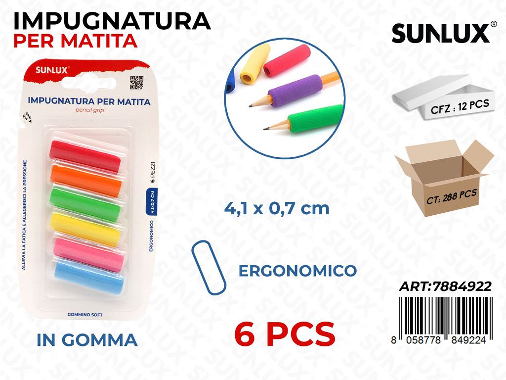 Sunlux Impugnatura Matita in Gomma 6PCS 4.1*0.7CM Ass.
