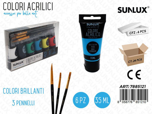 Sunlux Set Colori Acrilici c/ 3PENNELLI 6PCS 35ML