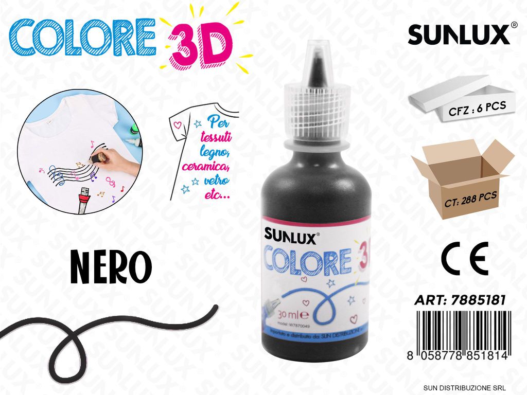 Colore per Tessuto in 3D Nero 30ML / Pz da 6