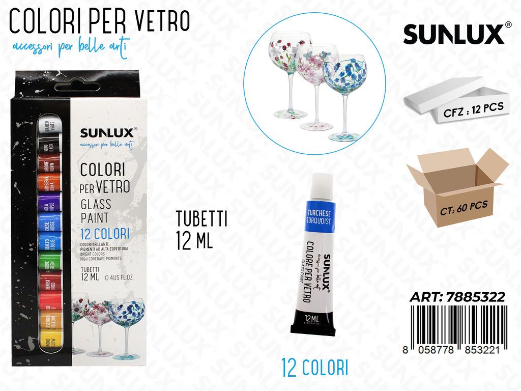 Sunlux Colori per Vetro Tubetto 12COL. 12ML