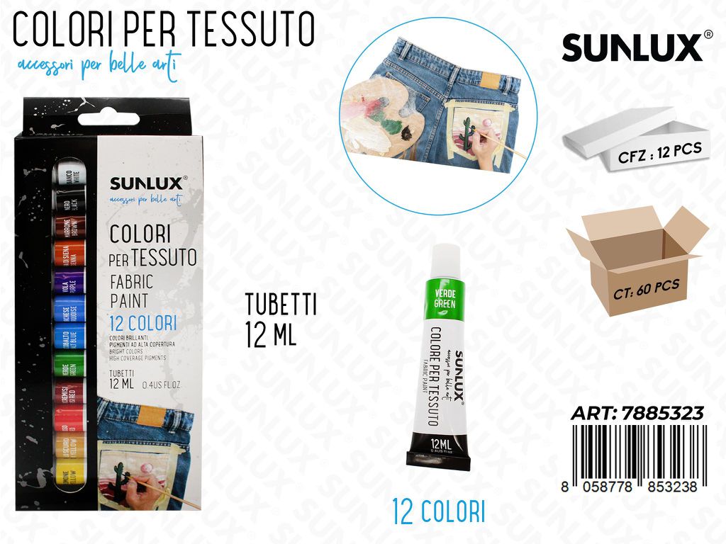 Sunlux Colori per Tessuto Tubetto 12COL. 12ML