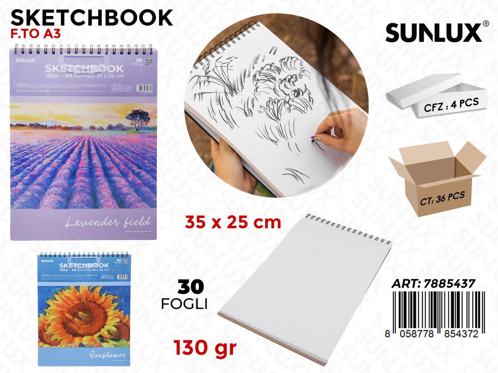 Sunlux Sketchbook Ass. A3 35*25CM 30F 130GR.