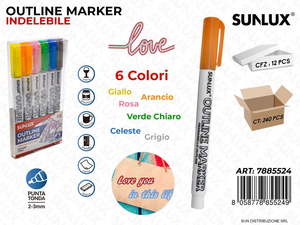 OUTLINE MARKER INDELEBILE 6COL. ASS. 2-3MM /PZ DA 12**