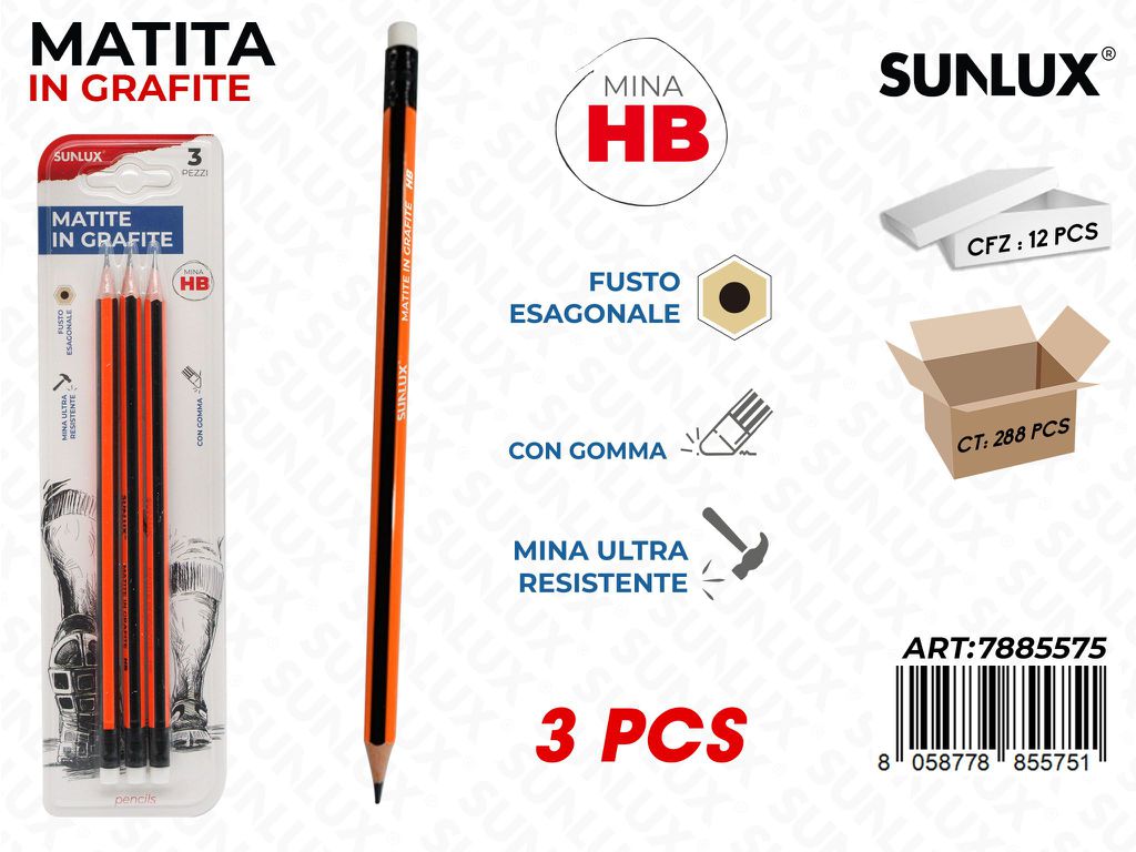 Sunlux Matite in Grafite c/ Gomma Hb 3PCS
