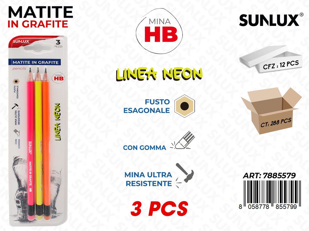 Sunlux Matite in Grafite L. Neon Hb 3PCS