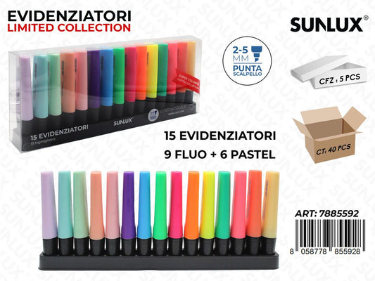 Sunlux Esp. Evidenziatori 15PCS Col. Fluo Pastel / Pz da 5