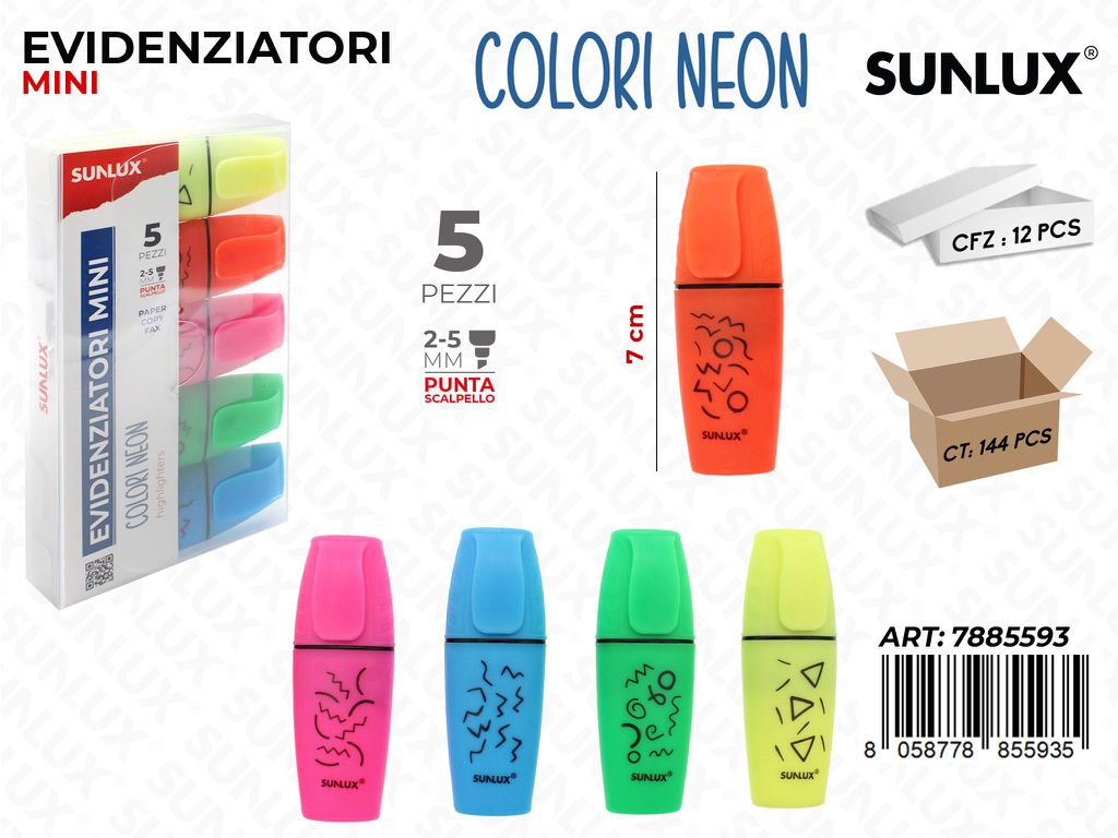 Sunlux Evidenziatori Mini 5PCS Neon / Pz da 12