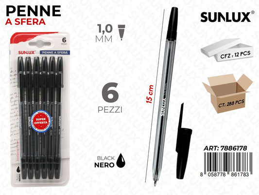 Sunlux Penne a Sfera Nero 6PCS 1.0MM 15CM