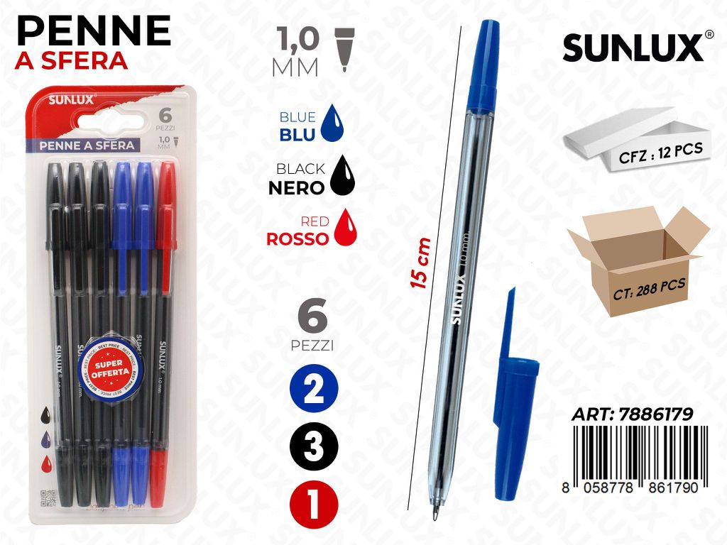 PENNE A SFERA 3COL. 6PCS 1.0MM 15CM /PZ DA 12**