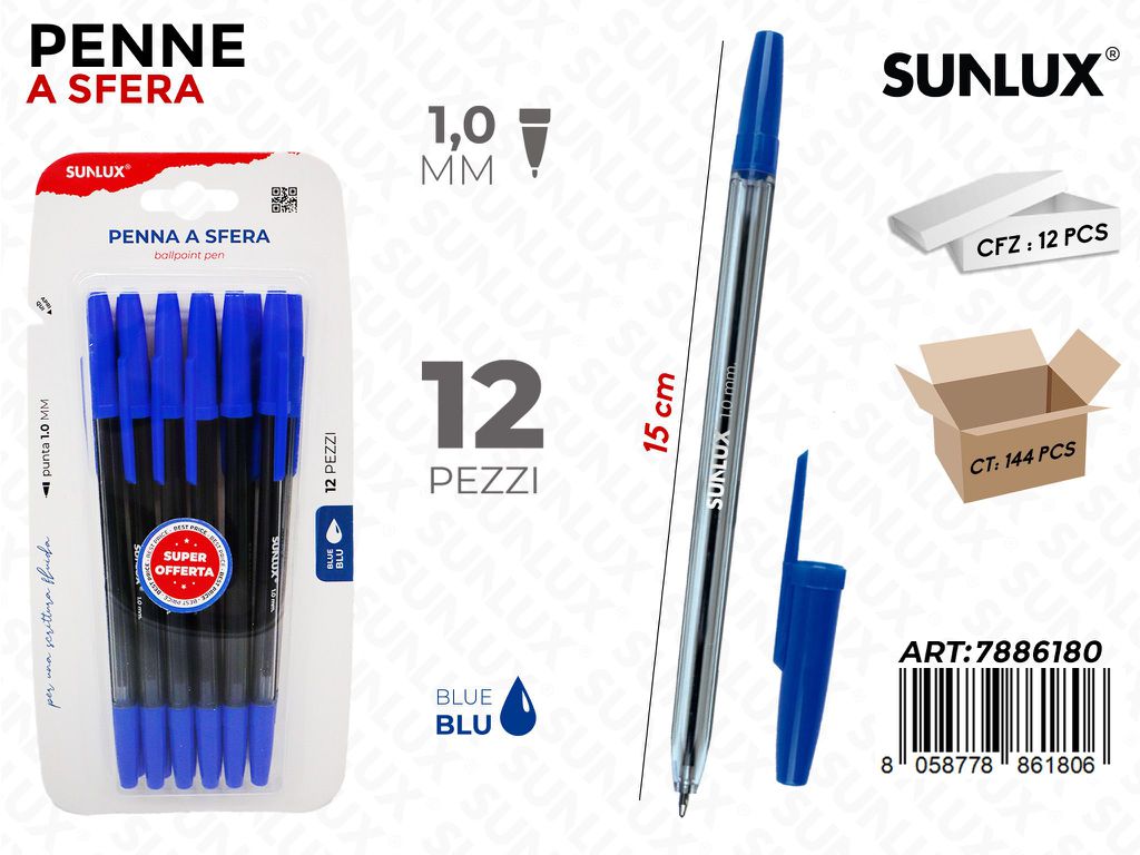 Sunlux Penne a Sfera Blu 12PCS 1.0MM 15CM