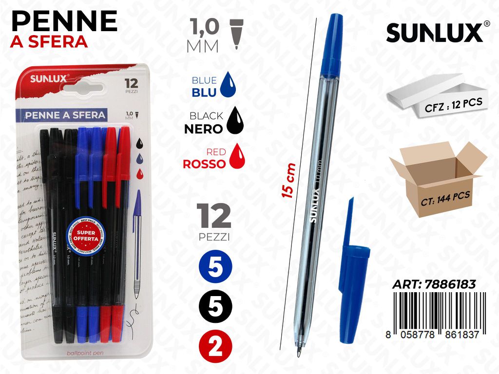 PENNE A SFERA 3COL. 12PCS 1.0MM 15CM /PZ DA 12**
