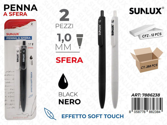 Sunlux Penna a Sfera Soft Touch Nero 2PCS 1.0MM