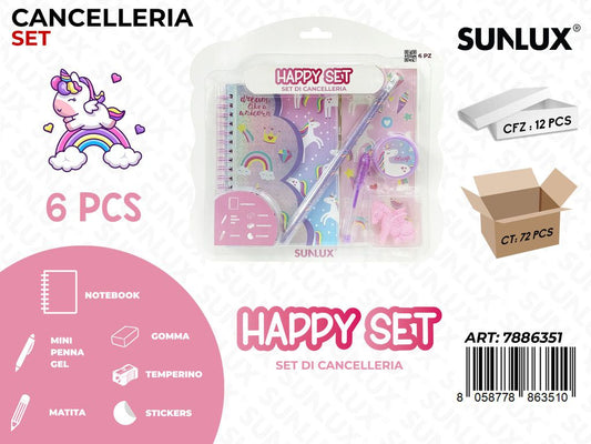 Happy Set Cancelleria Unicorn 6Pcs Ass.