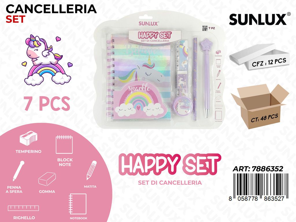 Happy Set Cancelleria Unicorn 7Pcs Ass.