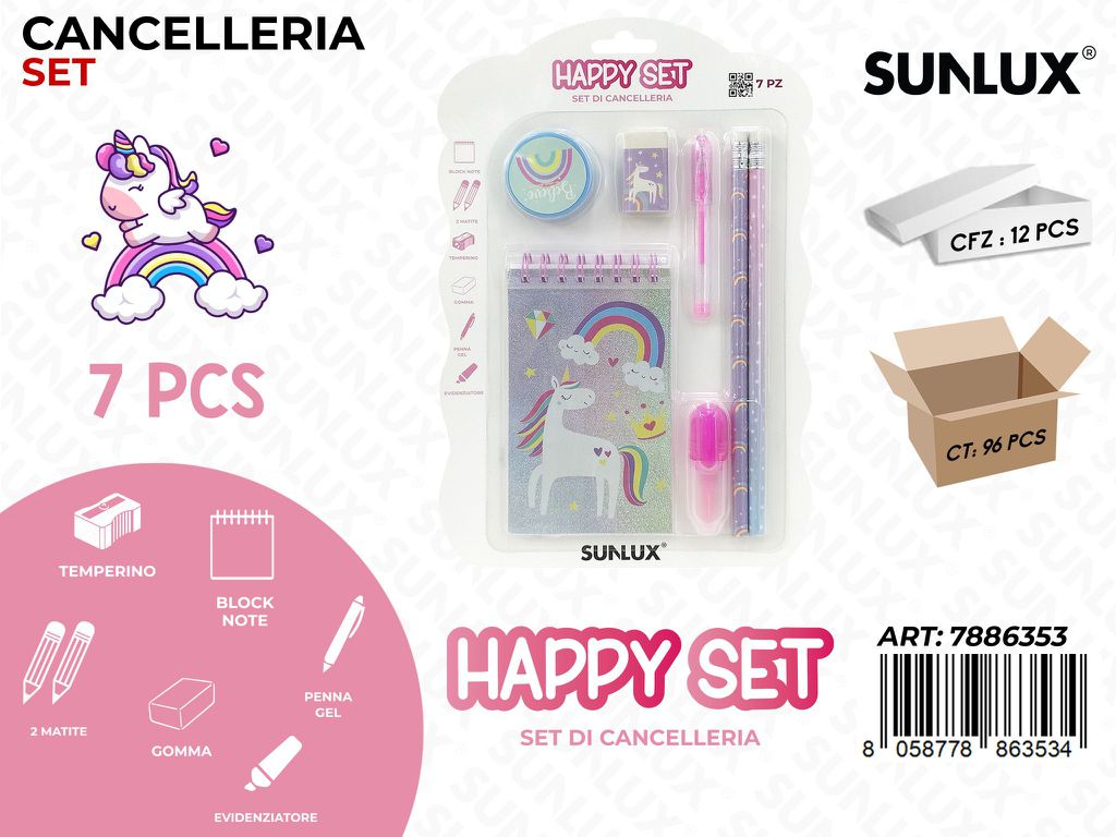Happy Set Cancelleria Unicorn 7Pcs Ass.